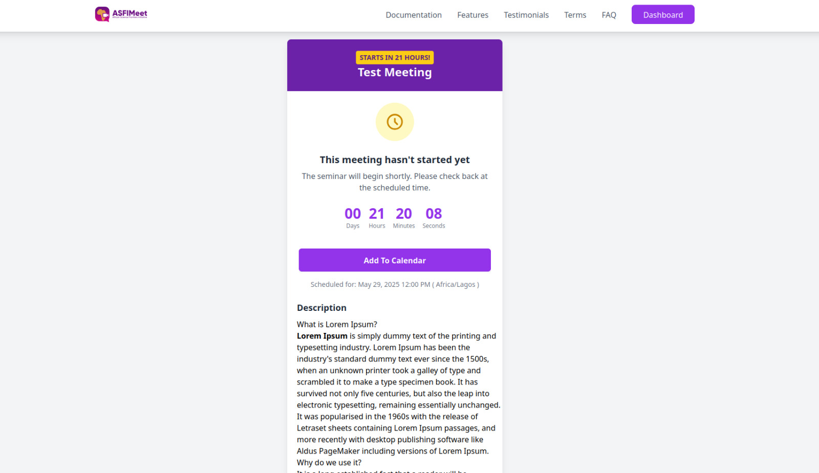 Countdown timer showing meeting start time
